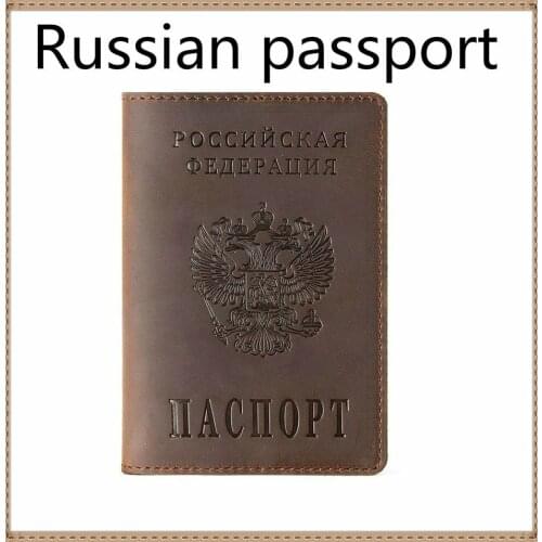 Vintage Natural Crazy Horse Genuine Leather Russian Emblem logo Passport Cover Card Holder Business Bilingual Passport Case