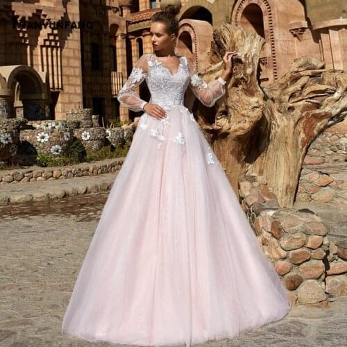 High-End Full Sleeve Embroidery Appliques Tulle Court Train Bridal Ball Gown 2021 Hot Sale V-Neck Backless Wedding Dress