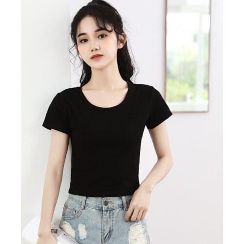 Summer Fashion Solid Female Cotton T-Shirt Short Sleeve Round Neck T-Shirt High Waist Slim T-shirts for women Camiseta Mujer2021