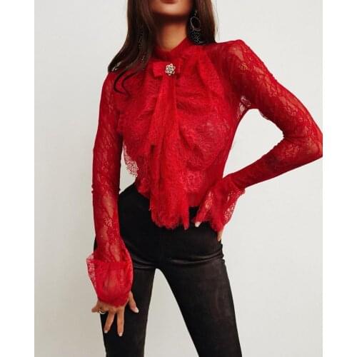 New Autumn Women Long Sleeve Mesh See Through Slim Bow Mock Neck Multi-Layer Lace Formal Blouse Wild Fashion Clothes