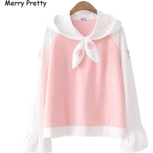 Merry Pretty Women Cartoon Print Bow Hooded Sweatshirts 2020 Winter Long Sleeve Patchwork Hoodies Girl Harajuku Cute Pullovers