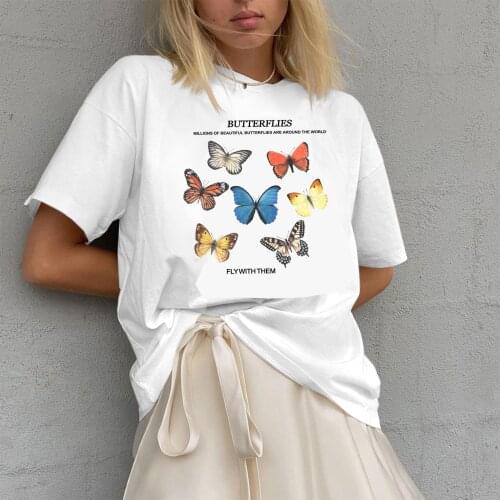 Fly With Them Butterfly Print Vintage Fashion T-Shirt Women Cute Aesthetic Street Style Tee Tumblr Shirt Grunge Clothes