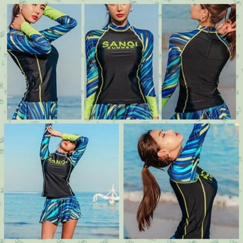 2020 Women Printing Slicing Swimwear Long-Sleeved Split Skirt Conservative Belly Small Chest Gathered Spa Nylon