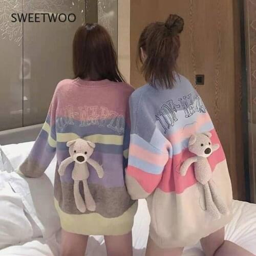 2021 Spring and Autumn Bear Cute Kawaii Pullover Sweater Female Color Striped Loose Casual Mid-Length Sweater