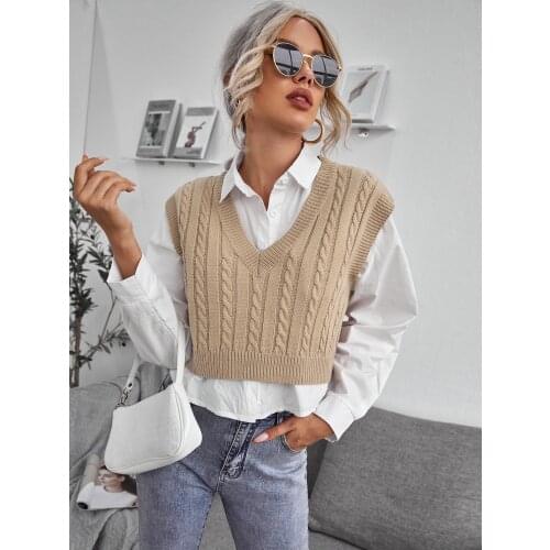 Womens Sweater Vest V Collar Solid Pattern Knitted Vests Crop Top New Season Spring Summer 2021