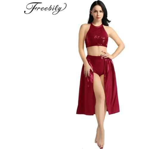 Women Adult ballet dress contemporary lyrical dance dress halter neck sequins crop tops + skirt with built-in leotard shorts