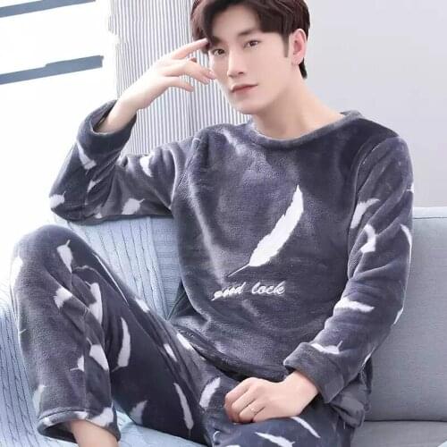 Winter Warm Flannel Pajamas Sets Male Men Nightwear Plus Size Sleepwear Long Pant Pijamas