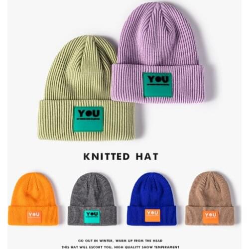 Letter Suture Winter Hats For Women Men Knitted Hat Folding Solid Beanies Warm Hats Female Knitting Hat Slouchy Couple Cap