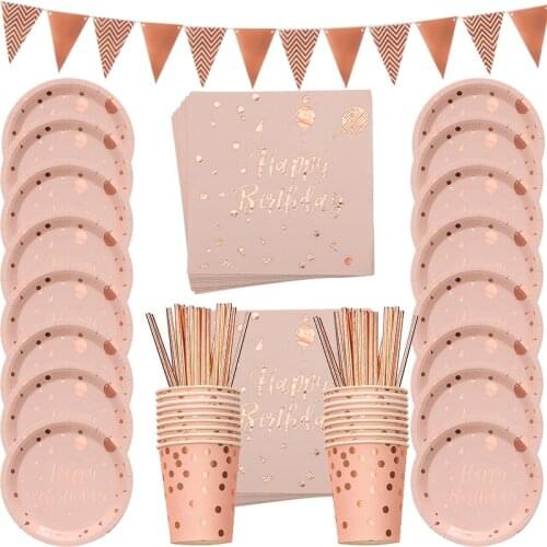 1set Rose Gold Happy Birthday Printing Disposable Tableware Set Paper Plate Cup Banner Napkins Party Dinnerware Deco