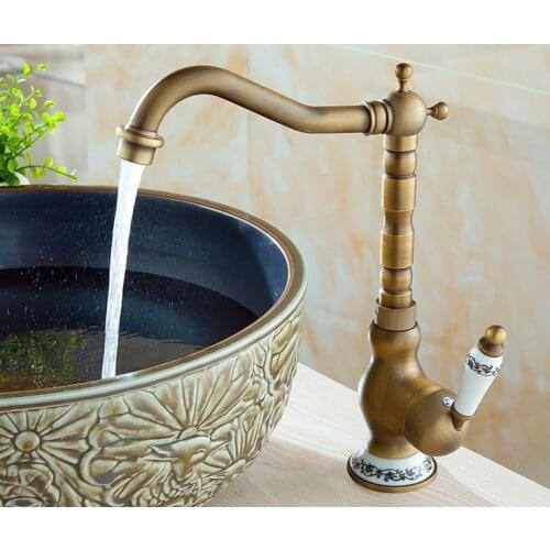 Antique Brass Ceramic Flower Base Single Handle Bathroom Kitchen Basin Sink Faucet Mixer Tap Swivel Spout Deck Mounted mnf510