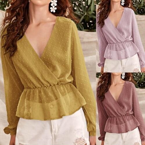 Blouses Woman Fashion 2021 Elegant Summer Casual V-Neck Regular Print Splicing Long Sleeve T-Shirt Blouse рубашка женская