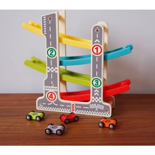 Wooden Click Clack Racetrack Ramp Racer Race Track Car Game Playset for Kids Children Boys Girls
