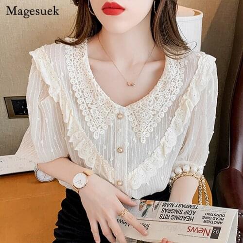 Lace Womens Shirt Korean V-neck Blouse Women Crochet Lace Ruffled Shirt Summer 2021 Hollow Puff Short Sleeve Fashion Tops 14237