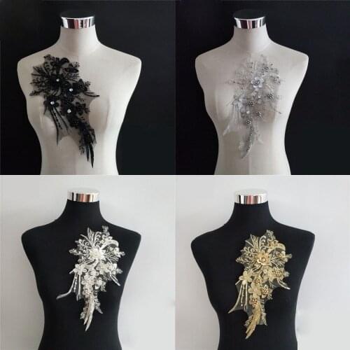 High quality 3D flower Embroidery Lace collar ABS pearl DIY Rhinestone ornaments for sewing Tissue Lace fabric Dress Accessories
