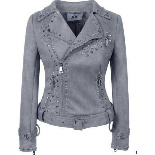 SX 2019 New Women Autumn Winter Suede Fabric Jackets Lady Fashion Matte Motorcycle Coat Biker Gray outerwear