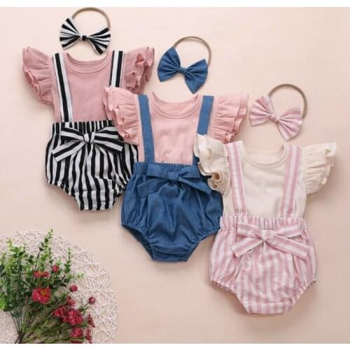 UK Infant Baby Girl Summer Clothes Fly-Sleeve Tops Suspender Shorts Headband Set