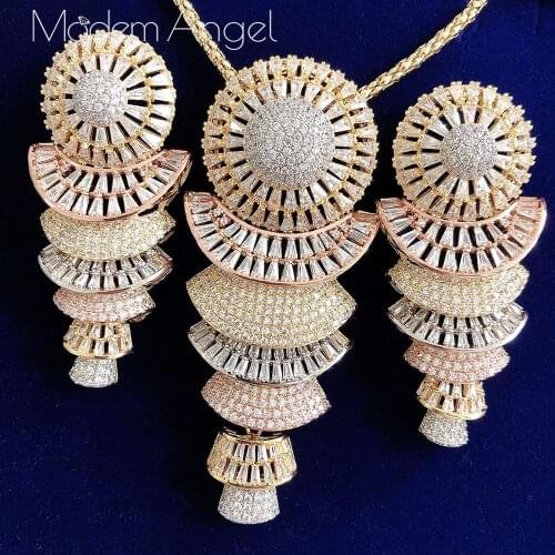 ModemAngel Luxury Trendy Geometry Design Zircon Necklace Earring Jewelry Sets For Women Wedding Indian Dubai Bridal Jewelry Sets