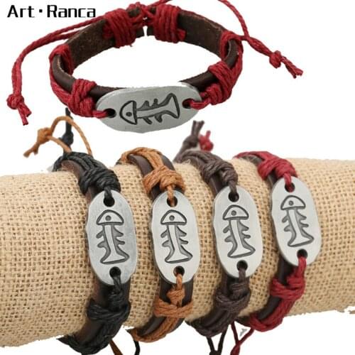 Retro-punk fashionable fishbone alloy Leather Bracelet mens and womens Bracelets