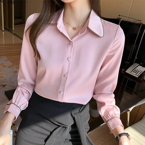 2021 Spring and Autumn New Long Sleeve Shirt Satin Shirt Women Long Sleeve Fashion Design Chiffon Shirt Pink Professional Shirt