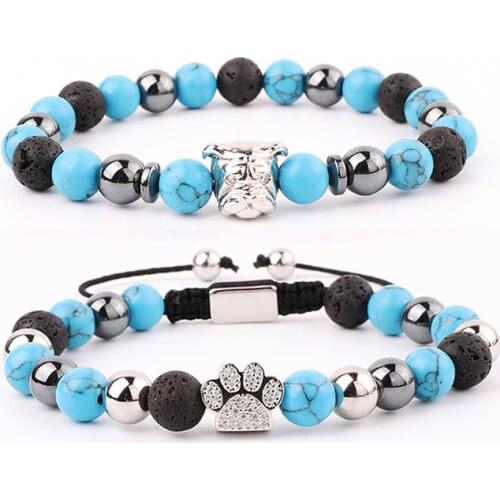 New Design Blue Turquoise Stone Cubic Zircon Pave Paw Dog Charm Adjustable Macrame Beads Bracelet Set Men Women