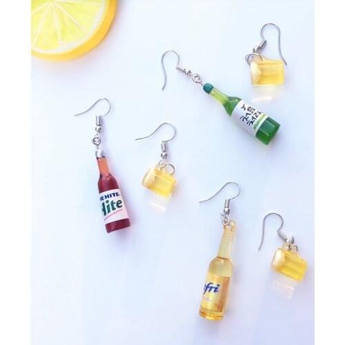 New Drop Earring For Women Cool Mini Beer Bottle Wine Glass Asymmetric Art Fan Resin Earrings