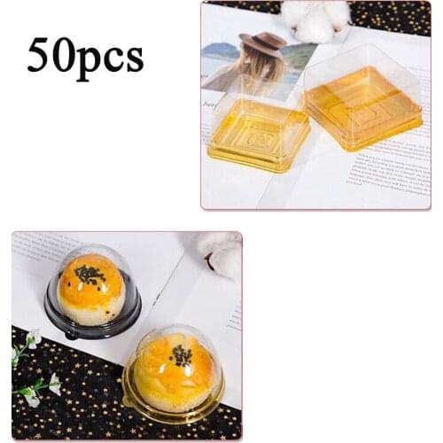50pcs Plastic Square Moon Cake Box Egg-Yolk Puff Container Golden Packing Box Round Cup Cake Boxes And Packaging Box Baking Box