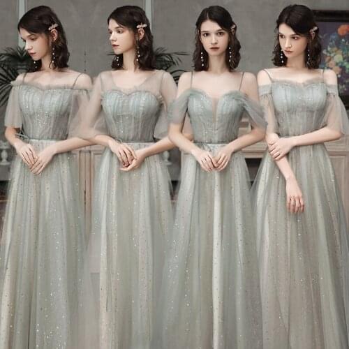 Bridesmaids Dresses V-Neck Short Sequined Pleat Tulle Lace Spaghetti Straps Floor-Length A-Line Women Wedding Party Gown E726