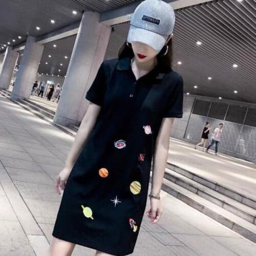 Polo collar dress 2021 new summer Hong Kong style long casual slim starry sky embroidered sports skirt children