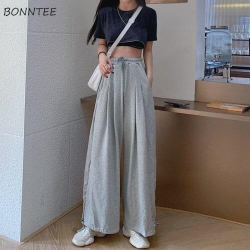 Wide-leg Pants Women Solid Baggy Plus Size Drawstring Loose Trousers Workout Wear Leisure Trendy Designer Basic Fashion Bottom