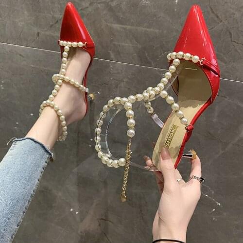 Ins stylish summer new versatile middle heel web celebrity with pearl thin heel pointed Roman shoes