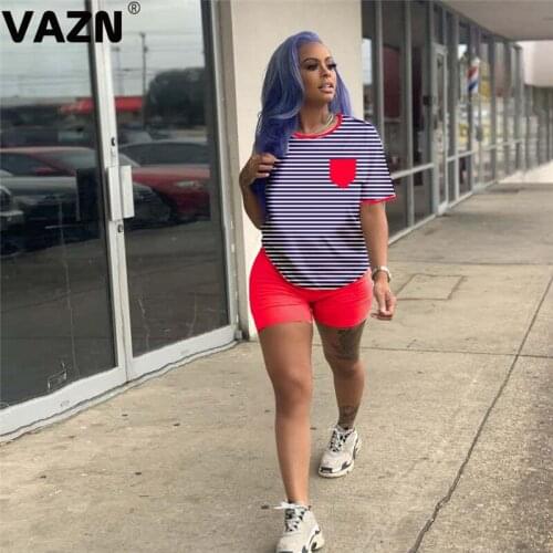 VAZN 2020 Summer Hot Classic Striped Casual Young Regular Short Sleeve Short Pants Free Soft Slim Tracksuits Women 2 Piece Set