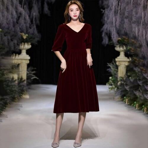 Special Occasion Dresses Vintage V-Neck Half Beading A-Line Luxury Burgundy Backless Knee-Length Elegant Women Prom Gowns E896