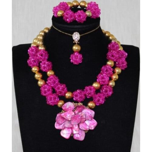 Dudo Jewelry Wedding Jewellery Set Bridal Jewelry Fuchsia and Gold Balls Necklace Set With Shell Beads Big Flower African Set