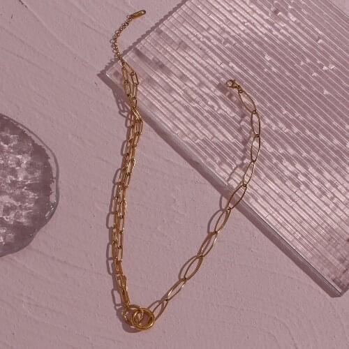 2021 Trendy Oval Connected Chain Stainless Steel Gold Plated Waterproof Tarnish Free Double Ring Pendent Necklace For Women