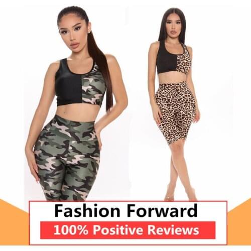 Womens Fashion Casual Camouflage & Leopard Shorts Vest Two Piece Set
