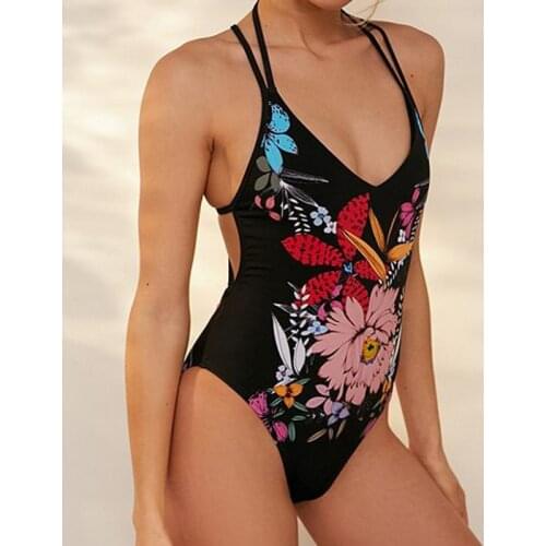 2020 one piece wire free women swimwear swimsuit swimming deep v halter print plant floral cross on big sale green red black new