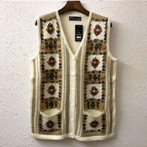 2021 Autumn Retro Style Women Knitted Cardigan Casual Big Size Embroidery Floral Vest Sweater Wool Waistcoats Sleeveless Jackets