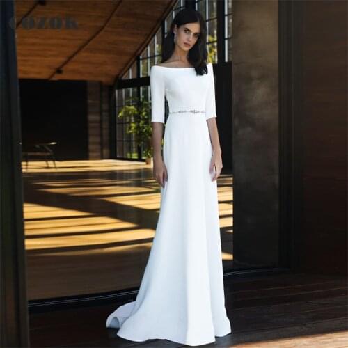 Sheath Half Sleeve Floor Length Wedding Dress Satin Crystal Belt Formal Elegant Bride Wedding Gowns Custom Size CZ59