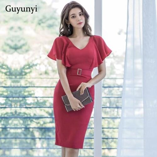 Elegant Office Lady Red Dress 2021 Summer Simple Sexy V-Neck Ruffle Temperament High Waist Tight Dress Women Party Event