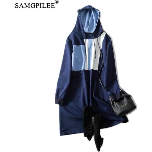 Desses 2021 new Korea fashion clothing Casual OL style hooded stitching straight full sleeve women dress autumn and winter 4XL