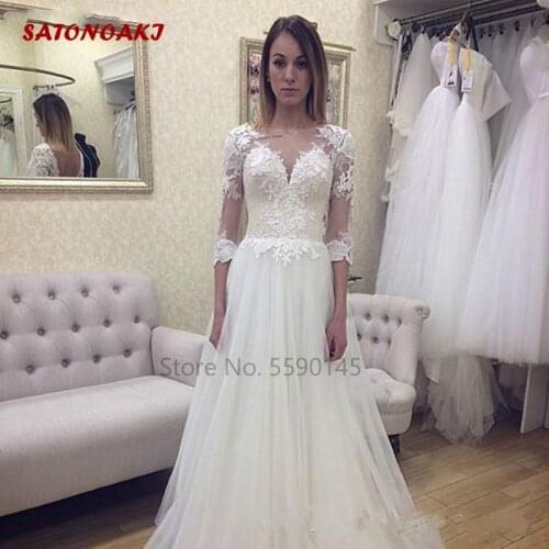 SimpleTulle Wedding Dress Appliques Sheer Neck 3/4 Long Sleeves Backless Lace Up Back Customized Vestidos De Novia Robe Mariage