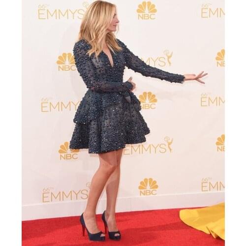 Long Sleeve A Line V Neck Tulle Beaded Mini Dresses Women Formal Party Dress