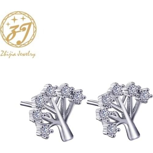 Zhijia New Fashion Rhinestone Crystal Sliver Tree Stud Earring Cute Christmas Gift Earrings Fine Jewelry For Women