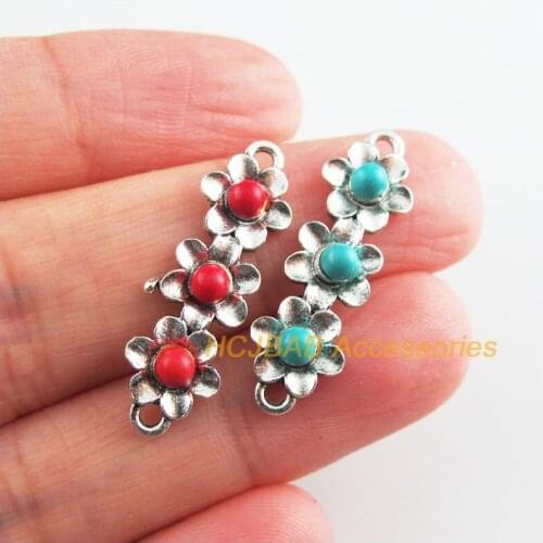 12 New Flower Charms Tibetan Silver Tone Red & Blue Stone Star Connectors 8.5x28mm