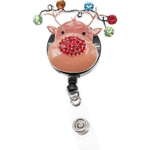 50pcs/lot Animal Deer Shape Retractable Christmas Enamel Rhinetone Nurse ID Badge Holder Reel for Medical