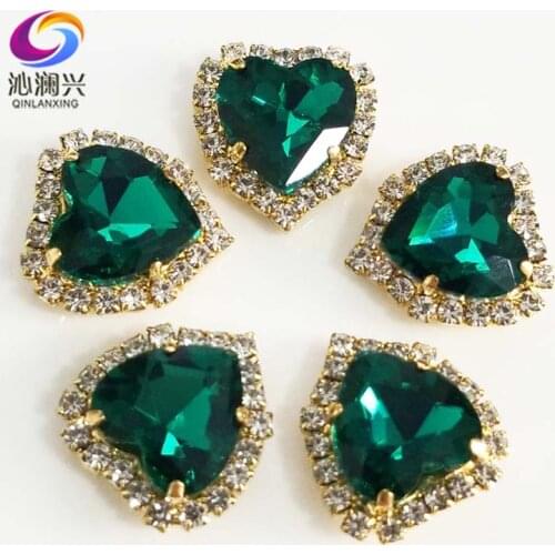 Free shipping 10pcs Gold bottom Malachite green heart shape Crystal glass buckle,sew on rhinestones for Diy/jewelry accessories