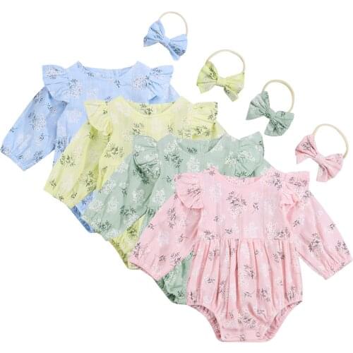 Infant Baby Floral Print Clothes Set, Girls Long Sleeve O-neck Romper with Ruffles+Headband for Spring, Fall