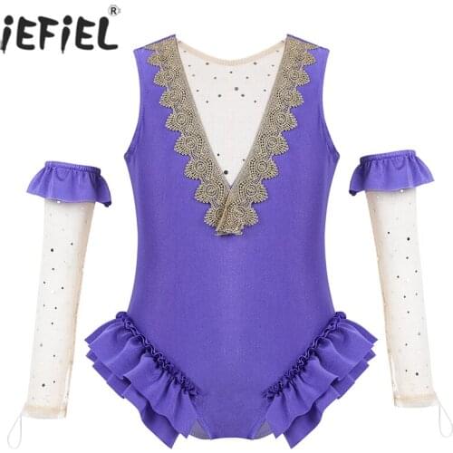 Kids Girls Showman Cosplay Costume Sequined Mesh Splice Ballet Dance Leotard Arm Sleeves Sets Halloween Carnival Party Dress Up