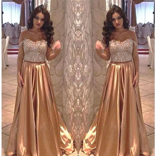 Champagne Gold Two Piece Long Evening Dresses 2020 Off The Shoulder Beading Crystal Prom Formal Dress Party Gowns
