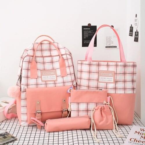 5 Piece Set Backpack Cute New School Bags For Teenage Girls Women Backpack Canvas Travel Shoulder Bag Student Cute Kids Rucksack